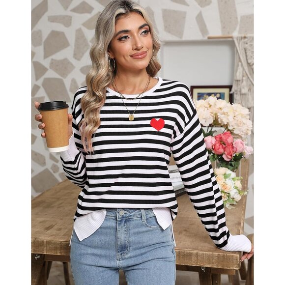 Womens Striped Sweater Long Sleeve Crew Neck Heart Pattern Casual Wear - Picture 2 of 8